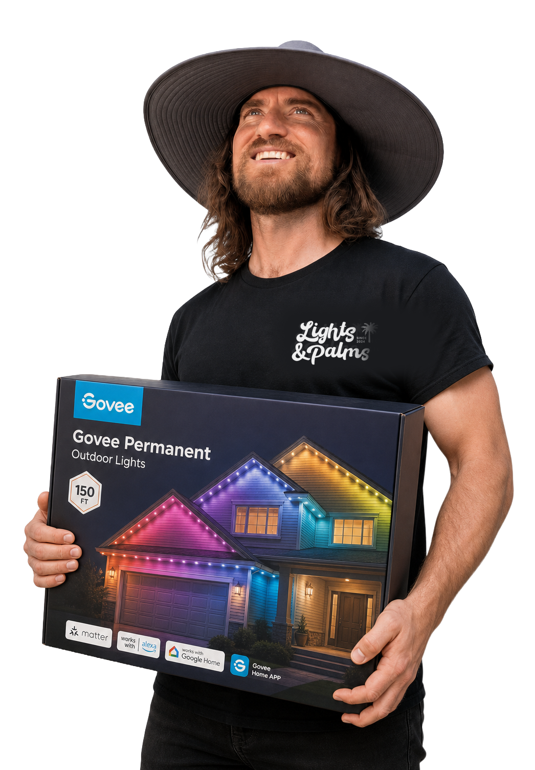 Ramon holding a Govee outdoor lights box